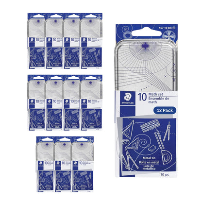 STAEDTLER 10-Piece Math Set with Metal Compass, 6" Ruler & Triangle Squares, 45° & 30/60° Set Squares, Alphabet Stencil - Measuring Tools