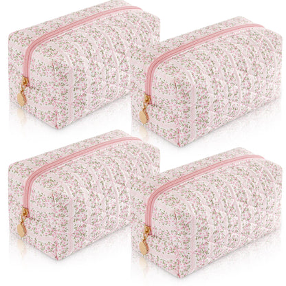 Makeup Bag Travel Toiletry Bag for Women, Small Cosmetic Bags Cute Quilted Cotton Makeup Pouch for Purse Emergency Bag Pencil Case Accessory Bag, Pastel Pink