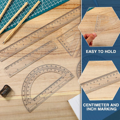 Tenare 18 Pcs Plastic Clear Math Set Includes Protractor Triangle Rulers 12 Inch 6 Inch Straight Geometry Math Transparent Ruler Measuring Tool for Office Home Supplies