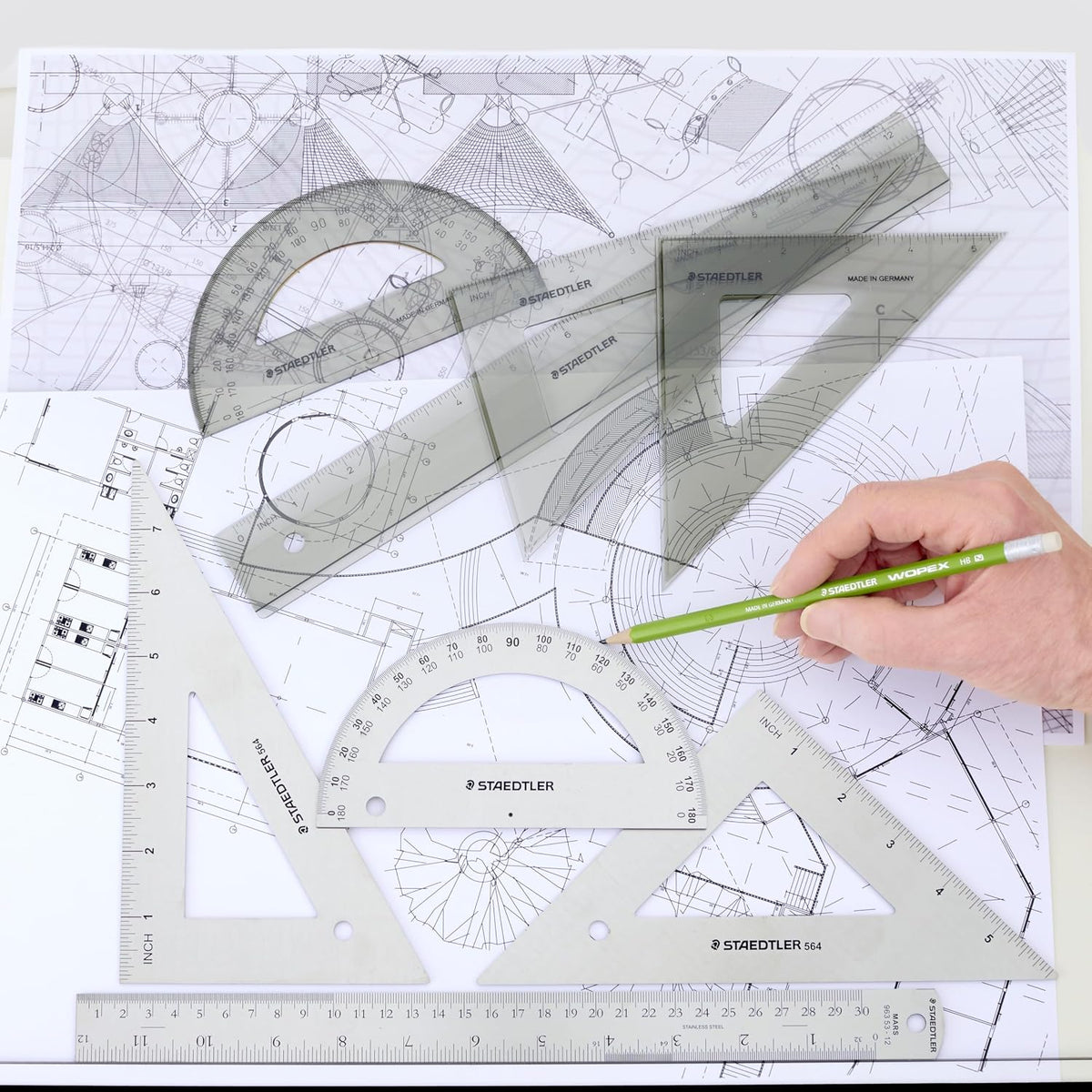 STAEDTLER College Combination Set - Triangle, Protractor & Ruler Set, Transparent Smoke Plastic with Beveled Edges, 4-Piece Set