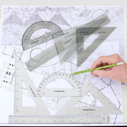 STAEDTLER College Combination Set - Triangle, Protractor & Ruler Set, Transparent Smoke Plastic with Beveled Edges, 4-Piece Set