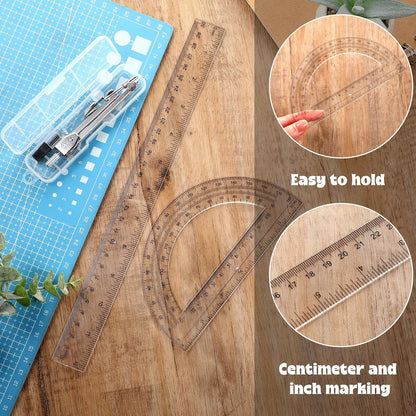 Zonon 3 Pcs 12" Clear Plastic Ruler 6 Inch Protractor Compass Set, Clear