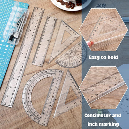 Zonon 7 Pcs Geometry Set with Drawing Compas, 6&4 Inch Protractors, Clear