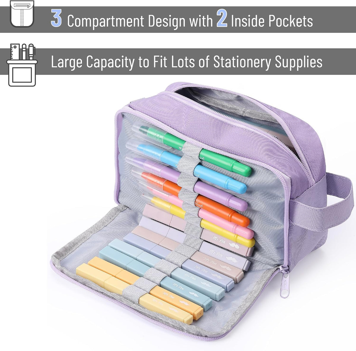 Mr. Pen- High Capacity Pencil Case, Large Pencil Pouch with 3 Compartments and 2 Pockets, Large Pencil Bag with Smooth Zipper, Cute Pencil Case Pouch Organizer, School Supplies for Teens