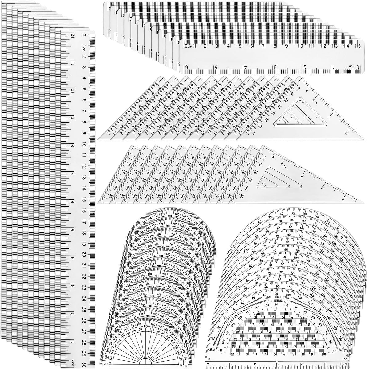 Tenare 18 Pcs Plastic Clear Math Set Includes Protractor Triangle Rulers 12 Inch 6 Inch Straight Geometry Math Transparent Ruler Measuring Tool for Office Home Supplies