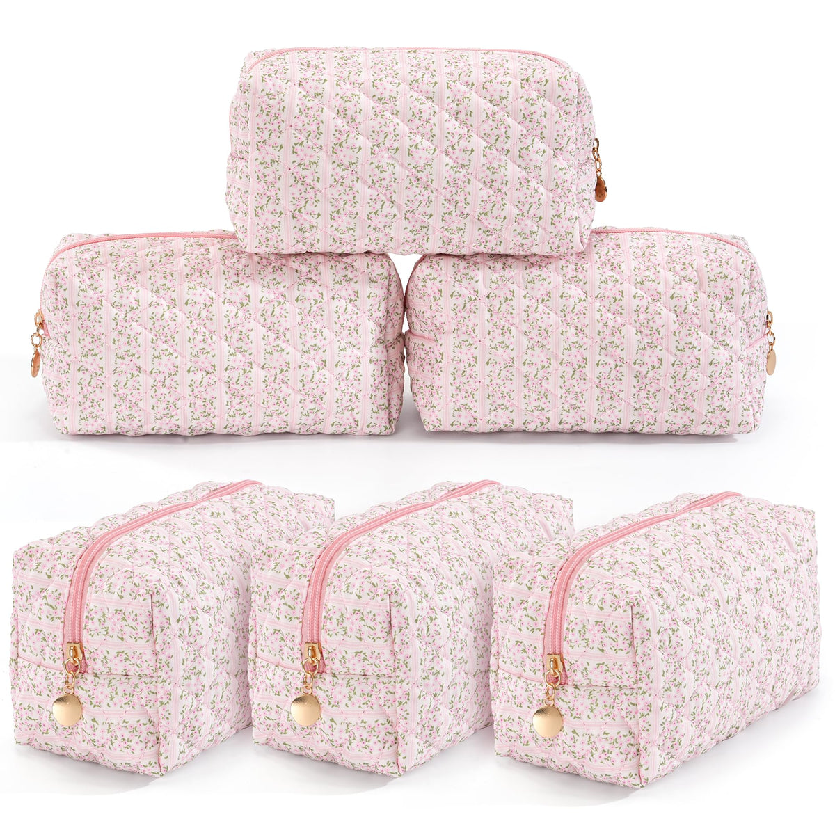 Makeup Bag Travel Toiletry Bag for Women, Small Cosmetic Bags Cute Quilted Cotton Makeup Pouch for Purse Emergency Bag Pencil Case Accessory Bag, Pastel Pink